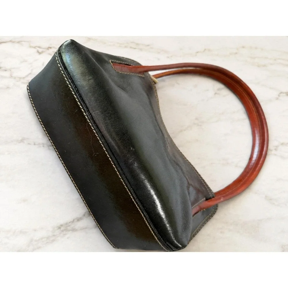 Del Borgo Vintage Black Italian Leather Baguette Handbag Cognac Handles MINT